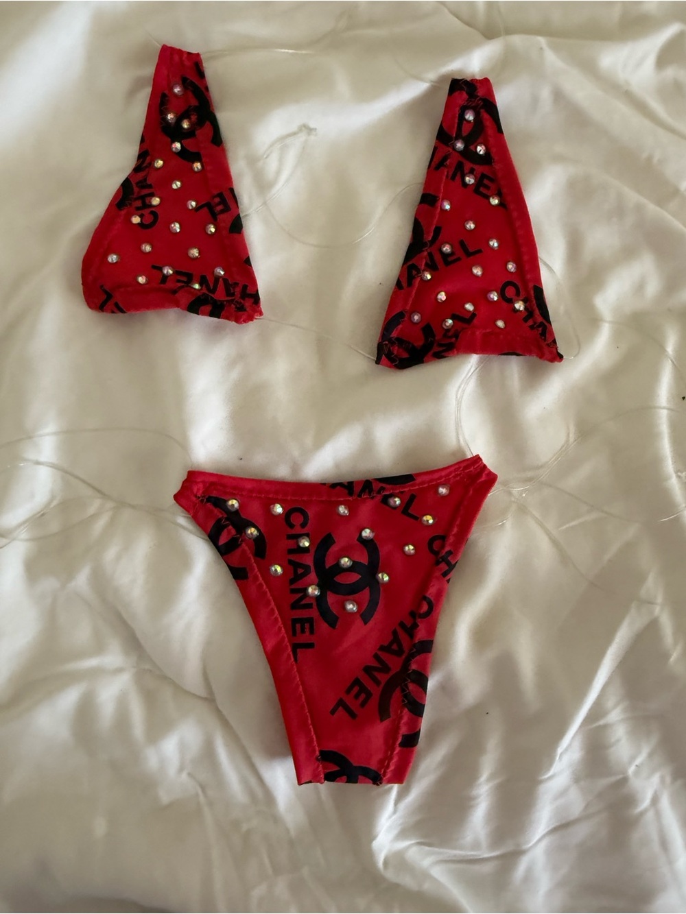 Red Logo-Print Triangle Bikini Set with Stud Details